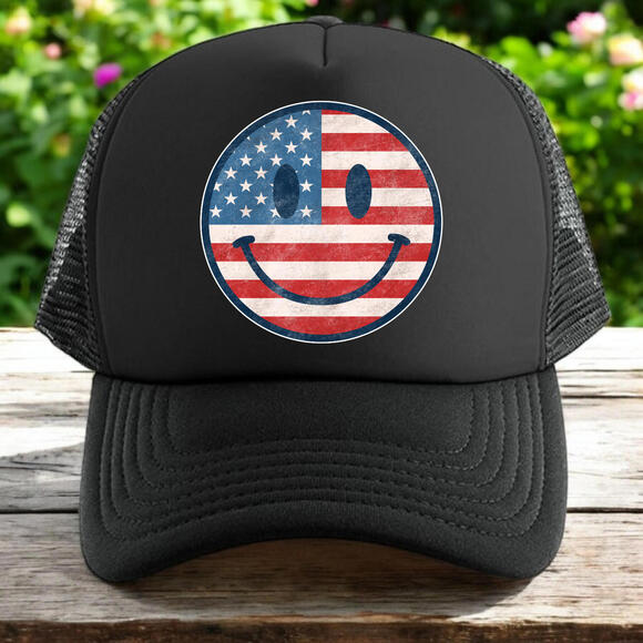 Smiley face trucker hat womens O/S black snapback unisex American flag patriotic - Picture 1 of 4